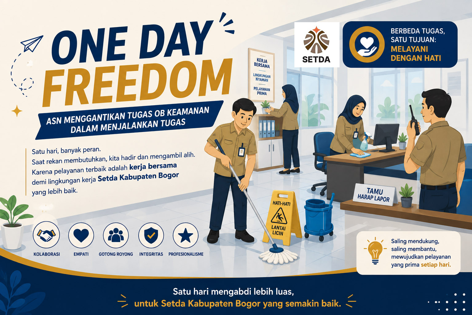 Gagas Inisiatif “One Day Freedom”,  Sekda Ajat Instruksikan ASN Ambil Alih Tugas Keamanan dan Kebersihan Setda